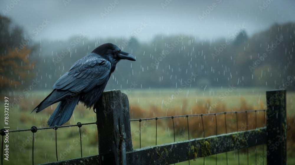 Fototapeta premium A raven sits on a fence on a gloomy November day against a stormy sky.