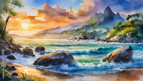 Watercolor illustration of beautiful landscape with lone rock beach. Summer season. Natural scenery.
