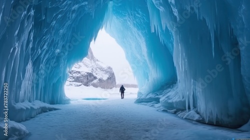 Man surrounded by ice in blue ice cave .AI generated image