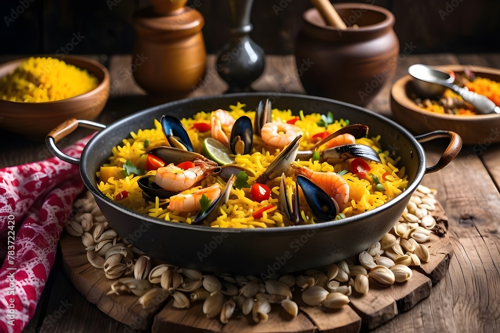 A vibrant and colorful Spanish paella dish, overflowing with saffron-infused rice, succulent seafood, and aromatic spices, set on a rustic wooden table in the heart of Valencia.