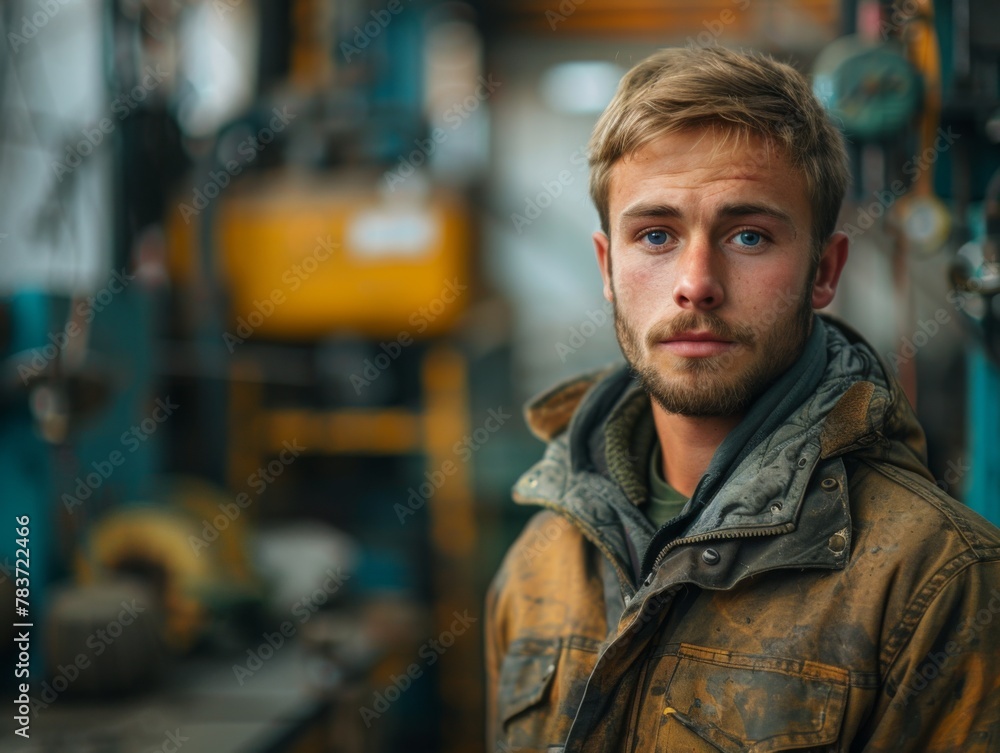 male worker stands in a workshop against an industrial background.