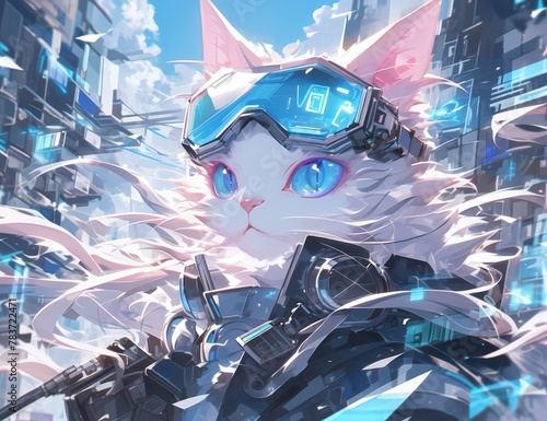 A long haired white and pink cat wearing glowing blue goggles photo