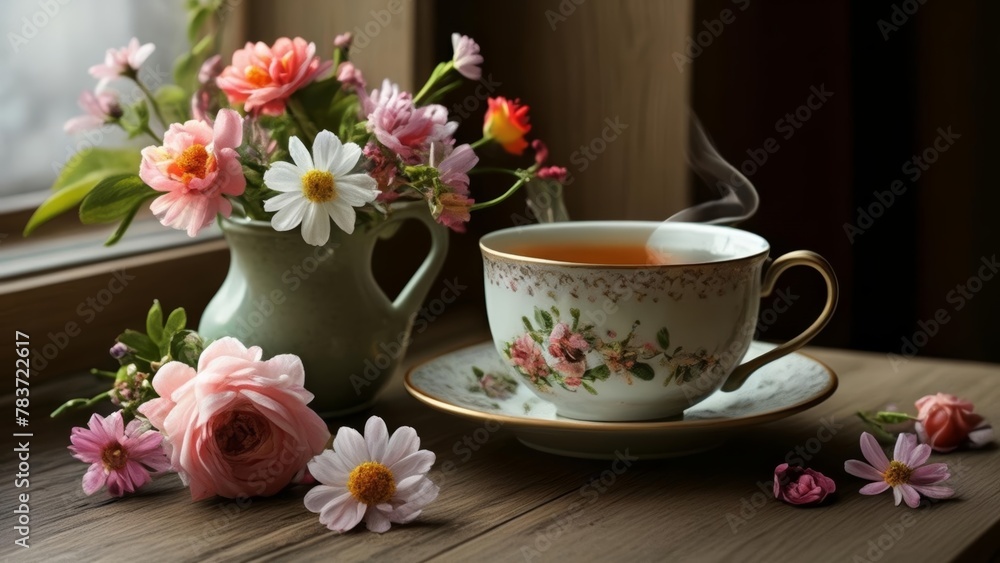 A moment of tranquility with tea and flowers A moment of tranquility with tea and flowers