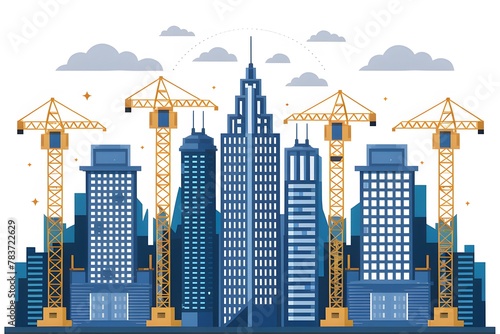 Construction cranes and skyscrapers on white background