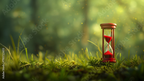 A serene setting with a red hourglass amidst glowing particles and lush greenery, epitomizing the flow of time in nature