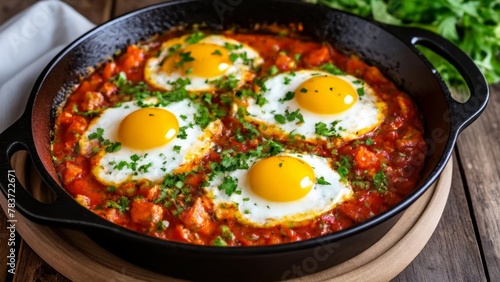  Deliciously baked eggs on a vibrant tomato sauce