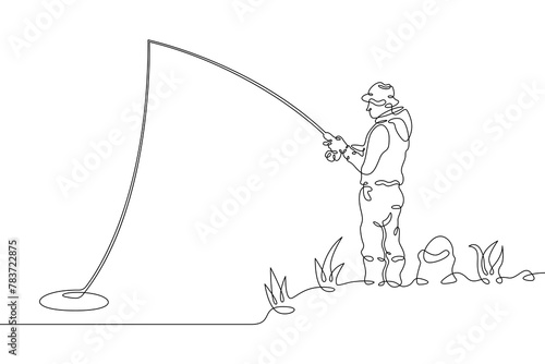 One continuous line.Fisherman on the river bank. Fisherman with a fishing rod.Fishing on the river. Fishing with spinning. One continuous line drawn isolated, white background.