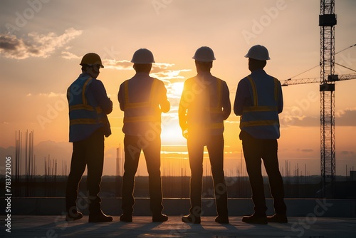 Construction engineers overlooking site silhouette at sunset photo