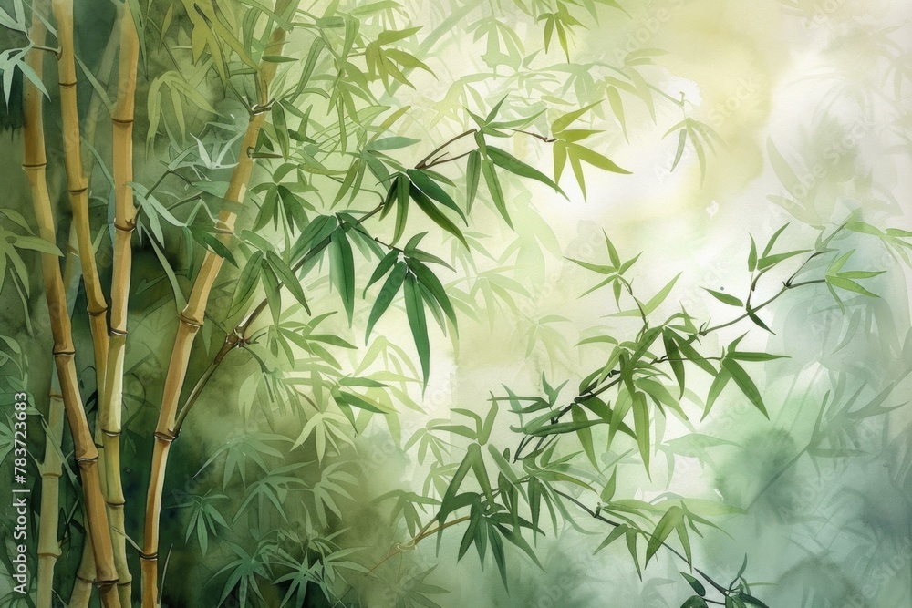 Fototapeta premium Vibrant Bamboo watercolor painting. Nature tropical branch tree artistic artwork design. Generate ai