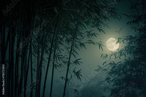 Majestic Bamboos moon light nature. Nature summer spring green forest. Generate Ai