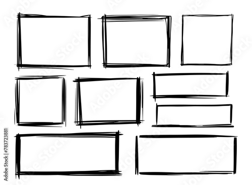 Rectangular grunge shapes drawn with a brush. Vector doodles, spots, brush stroke. Dry brush sketches.