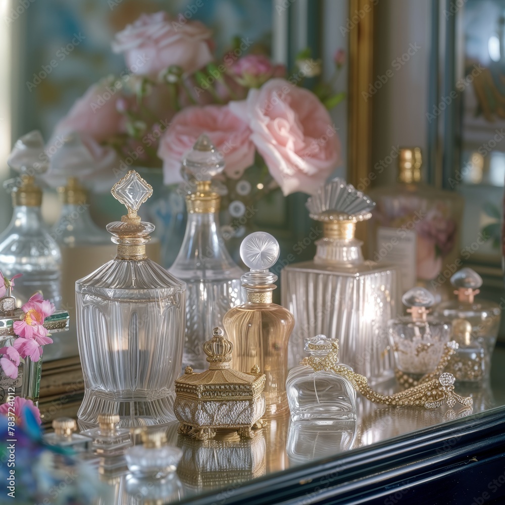 There are bottles of perfume on the dressing table