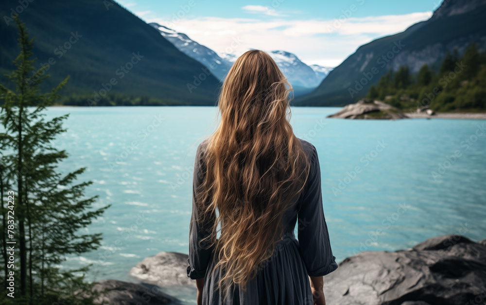 Back view of beautiful woman standing on the beach,created with Generative AI tecnology. Back view of beautiful woman standing on the beach,created with Generative AI tecnology.