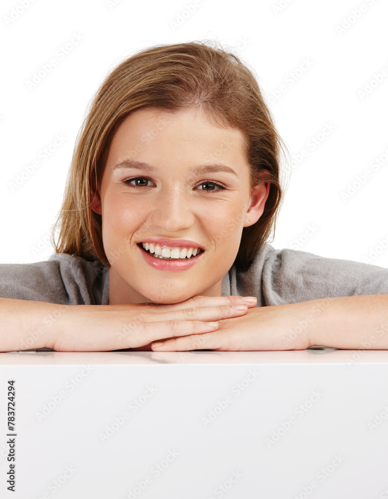 Studio, table or portrait of girl with skincare, dermatology or confident smile on white background. Model, relax and happy teenager with glow on face, natural beauty or rest on hands in mockup Studio, table or portrait of girl with skincare, dermatology or confident smile on white background. Model, relax and happy teenager with glow on face, natural beauty or rest on hands in mockup