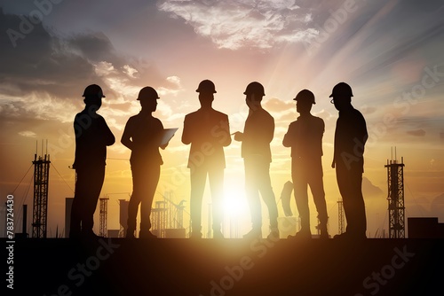 Contractor concept sunset teamwork on construction project, safety silhouette