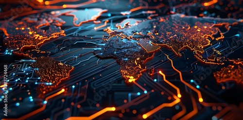 Glowing Printed Circuits World Map on Computer Chip  Global Connectivity  Technology and Data Transfer