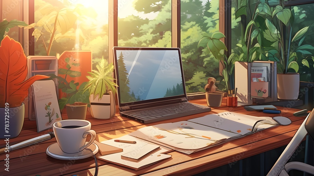 Cozy Scandinavian-style workplace at home with a laptop, bathed in sunlight Cozy Scandinavian-style workplace at home with a laptop, bathed in sunlight