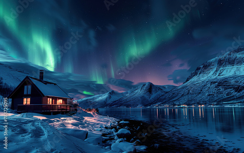 Cabin against the background of the Antarctic Aurora,created with Generative AI tecnology.