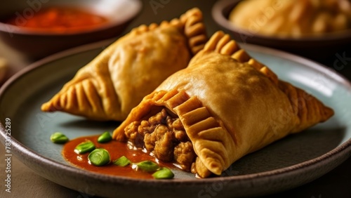  Deliciously goldenbrown samosas with a savory filling served with a spicy sauce and fresh herbs