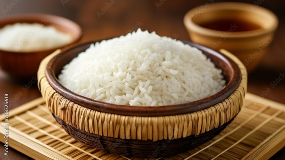 A bowl of freshly steamed white rice ready to be served A bowl of freshly steamed white rice ready to be served