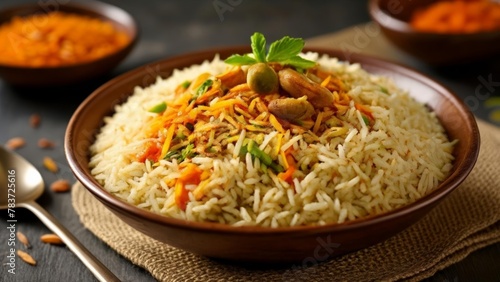  Aromatic rice dish with vibrant toppings ready to be savored