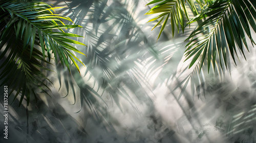 A serene close-up of green tropical palm leaves casting soft shadows on a textured wall  evoking a calm and tranquil atmosphere