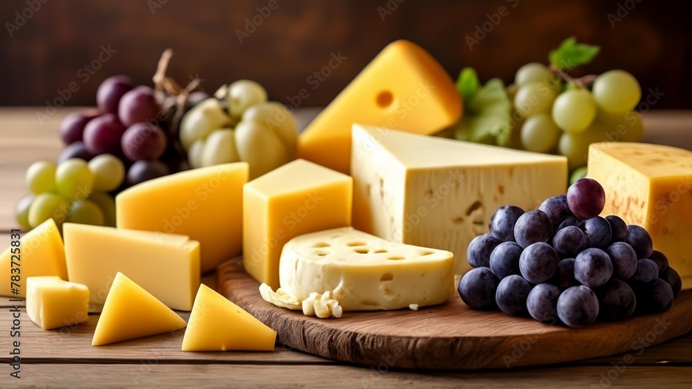 Delicious assortment of cheeses and grapes perfect for a picnic or party Delicious assortment of cheeses and grapes perfect for a picnic or party