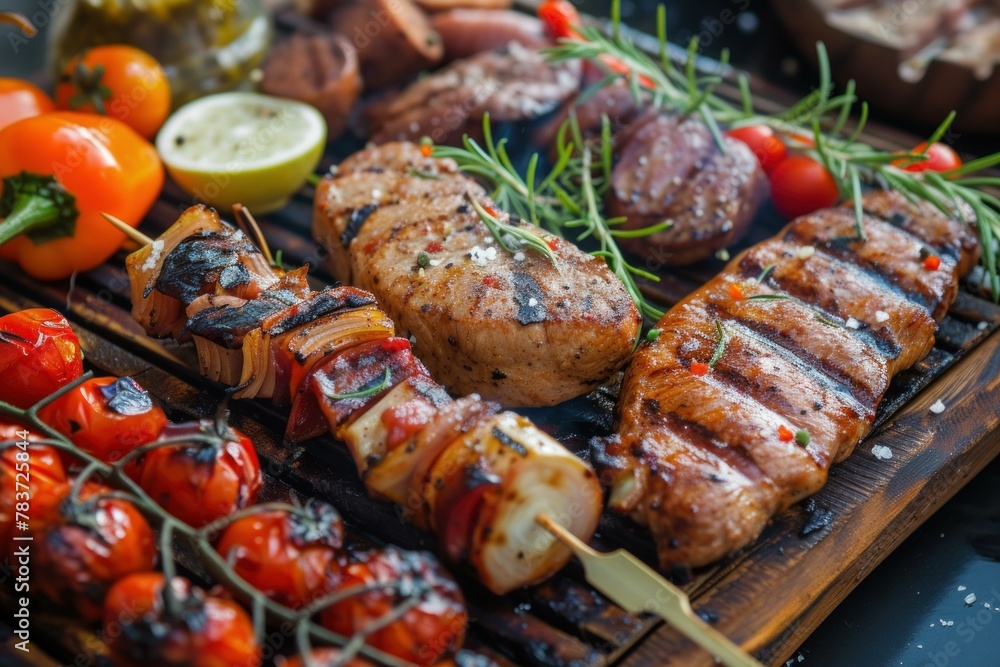 Smoky Barbecue table meat vegetables. Steak menu. Generate Ai Smoky Barbecue table meat vegetables. Steak menu. Generate Ai