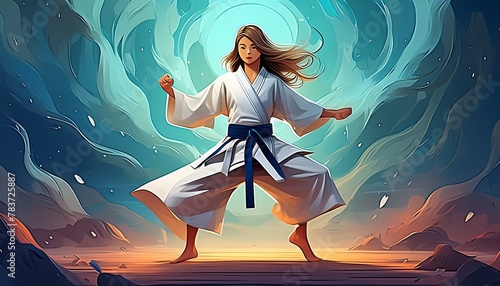 cartoon style young martial arts player strong girl in challenge pose for training and success at self defense sports like karate , kung fu and judo championships
