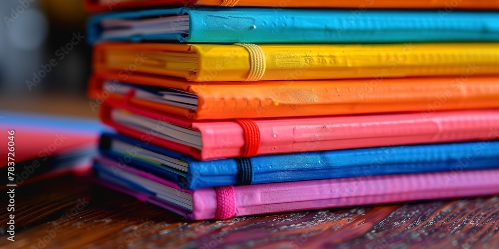 Notebooks stacked with color-coded tabs, close-up, efficient study method Notebooks stacked with color-coded tabs, close-up, efficient study method