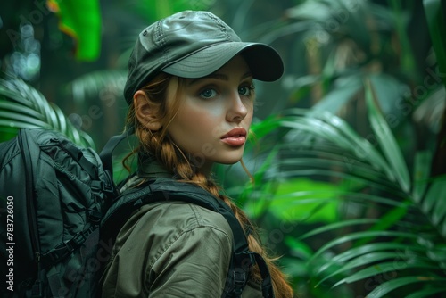 Woman With Hat and Backpack in Jungle