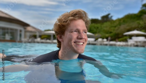 man in swimming pool  wallpaper texted Young man relaxing in resort swimming pool