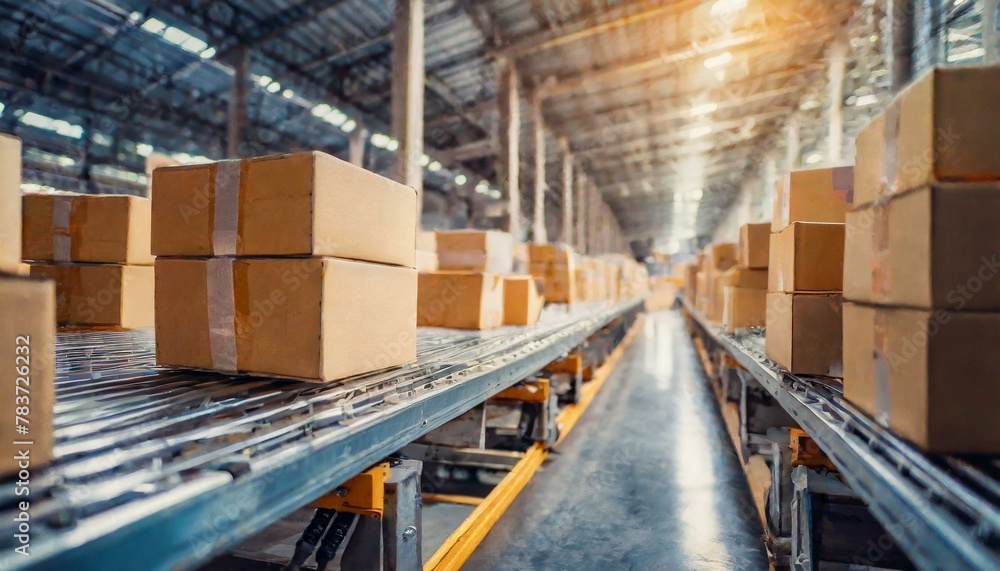 conveyor belt in a distribution warehouse with row of cardboard box packages for e-commerce delivery and automated logistics concepts as wide banner with copysapce area
