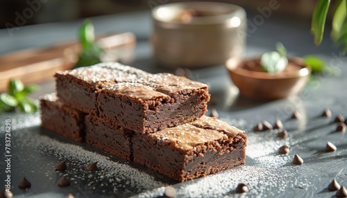 A dessert of baked goods, brownies covered in powdered sugar photo