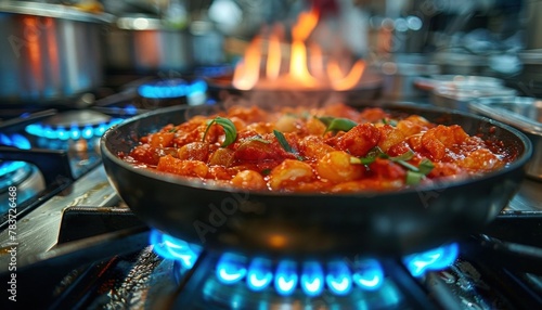 Food cooking on gas stove in cookware, part of recipe preparation