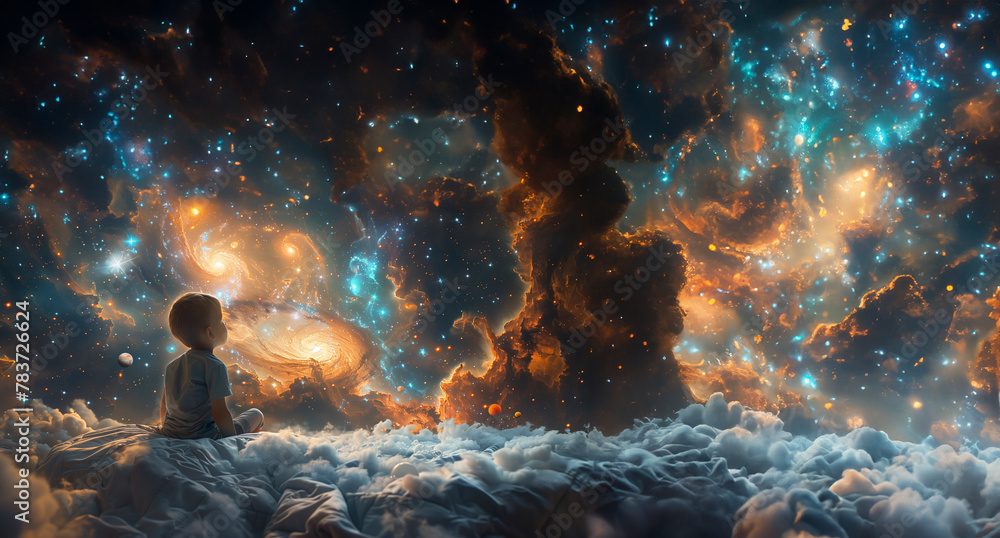 A small boy on a floating bed reaching towards a swirling cloud ceiling morphing into a cosmic scene with floating orbs and distant galaxies A small boy on a floating bed reaching towards a swirling cloud ceiling morphing into a cosmic scene with floating orbs and distant galaxies