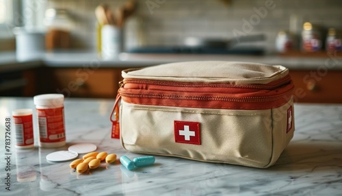 Pain Relief: First Aid Kit in the Kitchen with a Toolkit