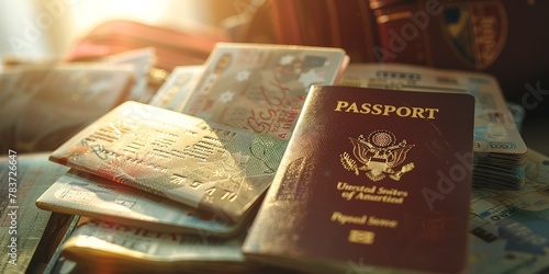 Passports and boarding passes, close-up, ready for adventure, bright light photo