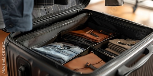 Luggage open with neatly packed clothes, close-up, efficient space use 