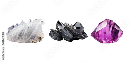 Natural quartz and amethyst crystals isolated on white background, clipping path included
