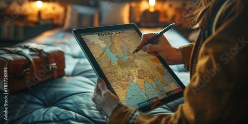Digital tablet displaying travel itinerary, close-up, organized journey, soft light 