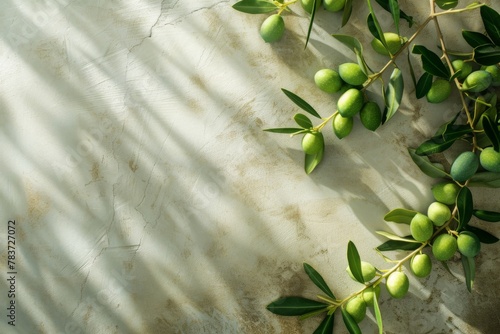 Sunlit Green Olives Clinging to Branches on a Marble Background