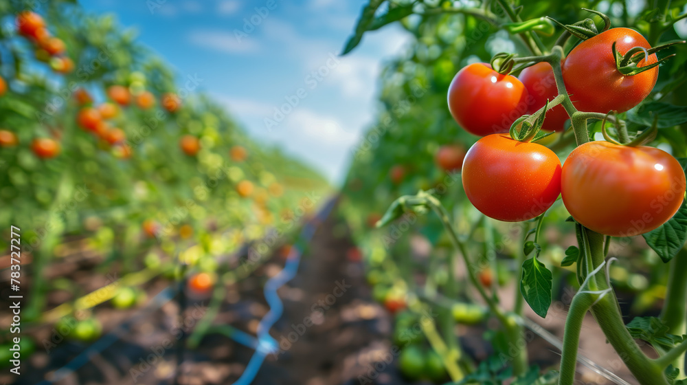 Fresh ripe tomatoes growing on a vine in a greenhouse, ready for harvest, showcasing sustainable agriculture