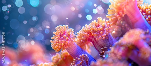 Vibrantly colored corals in water with bubbles alongside macro view of tiny polyps on Montipora sps coral in saltwater aquarium.