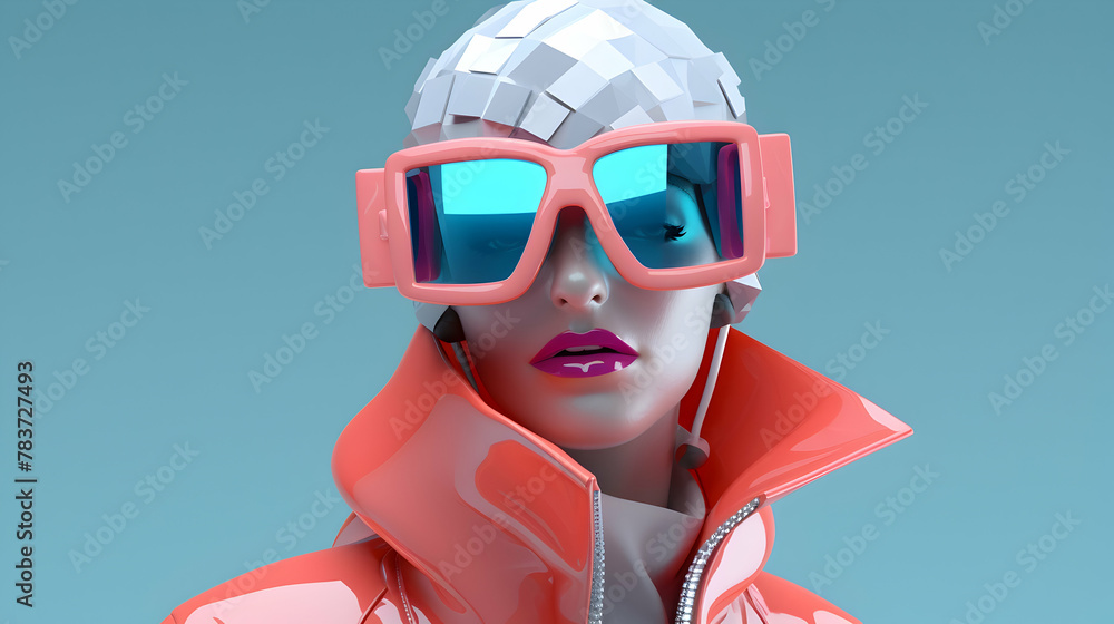 A 3D rendering capturing a young 3D person character in different moments of futuristic fashion,
