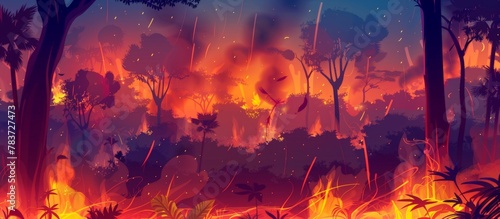 Raging forest fire spreading rapidly among dense trees, showcasing the devastating impact on the environment