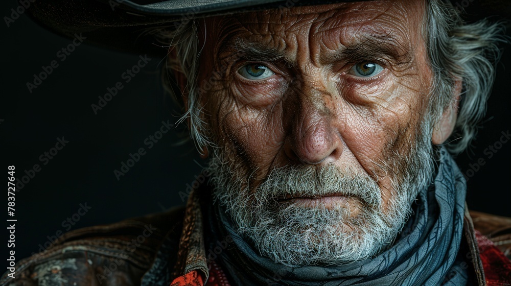 Hombre mayor con sombrero vaquero, retrato cowboy anciano con mirada expresiva Hombre mayor con sombrero vaquero, retrato cowboy anciano con mirada expresiva