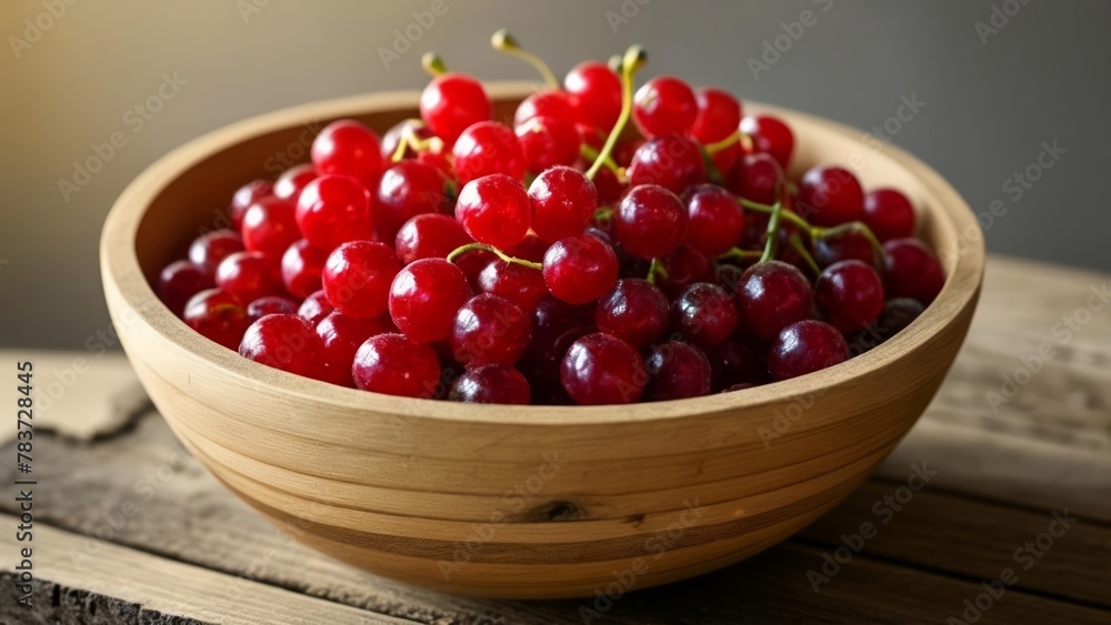 Freshly picked ripe red cherries in a wooden bowl Freshly picked ripe red cherries in a wooden bowl
