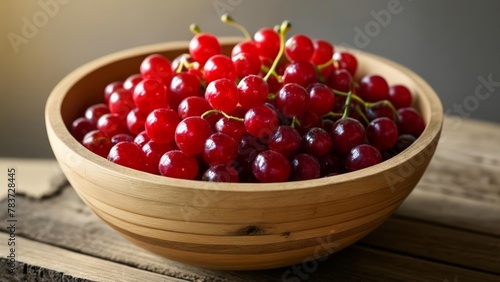  Freshly picked ripe red cherries in a wooden bowl