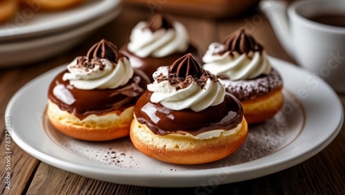  Deliciously tempting chocolateglazed pastries with whipped cream and chocolate shavings